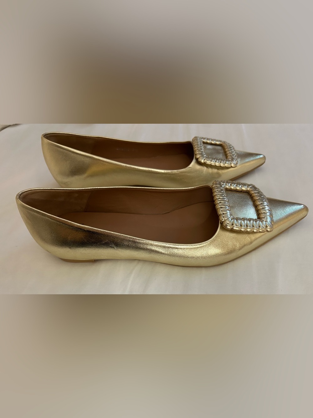 Aquatalia Metallic Gold Pointed-Toe Flats with Decorative Buckle - Picture 3 of 5